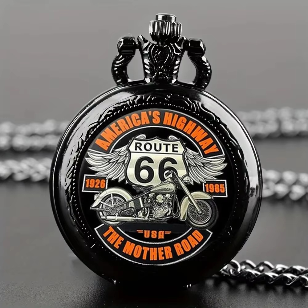 Vintage Collectible Glass - Schwarze Retro Route 66 Motorrad-Taschenuhr mit