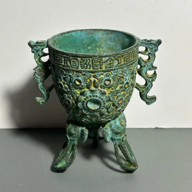 Collectible Vintage Wine - Antiker Bronze-Ritualbecher mit Doppel-Drachen-Griff und Drei